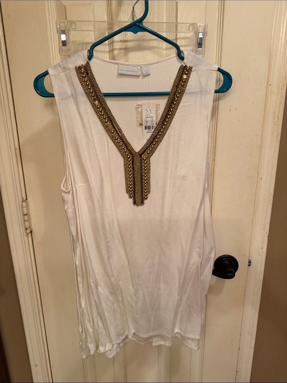 New York & Company White Sleeveless Tank with Gold Beaded V-Neck